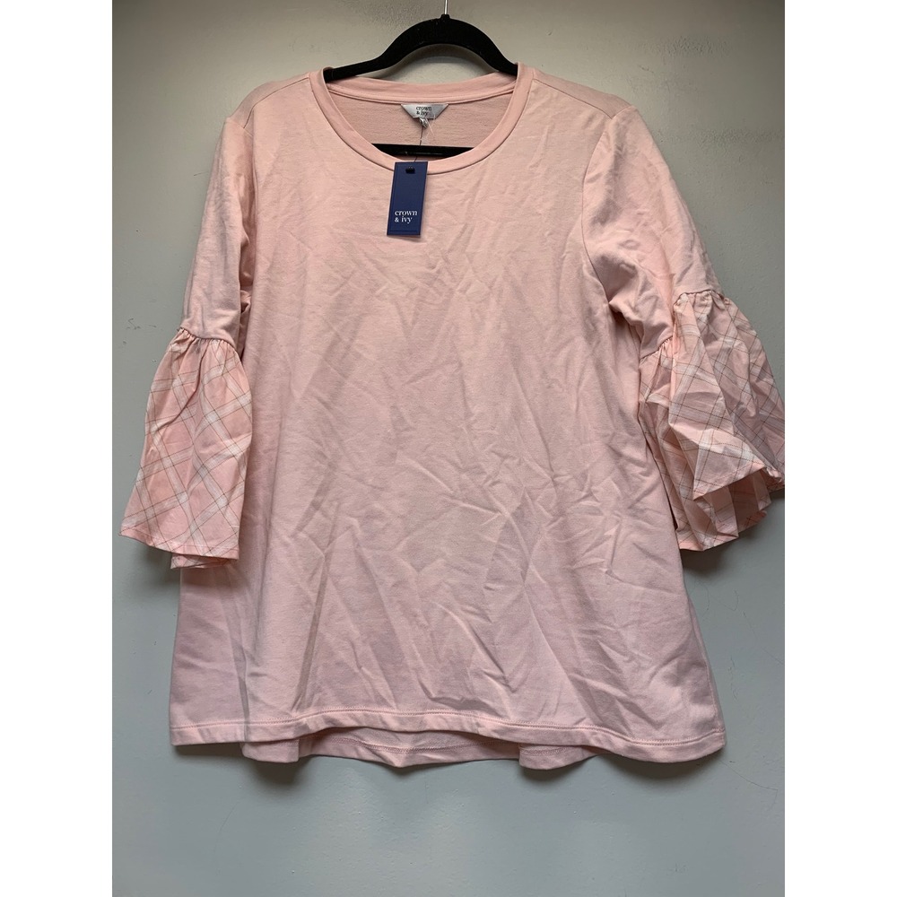Crown & Ivy Bell Sleeve‎ Top Womens Medium Pink NWT Plaid Tiered Ruffle Cotton